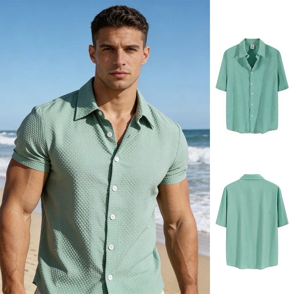 Men's Solid Color Short Sleeved Shirt Breathable And Thin Seersucker Fabric Loose Fit Casual Summer Vacation And Commute Top