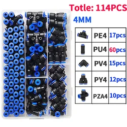 114 pz Boxed PU-4/PE-4/PZA-4/PY-4/PV-4/PG-4 Kit di montaggio pneumatico 4mm diametro esterno del tubo tubo tubo connettori aria