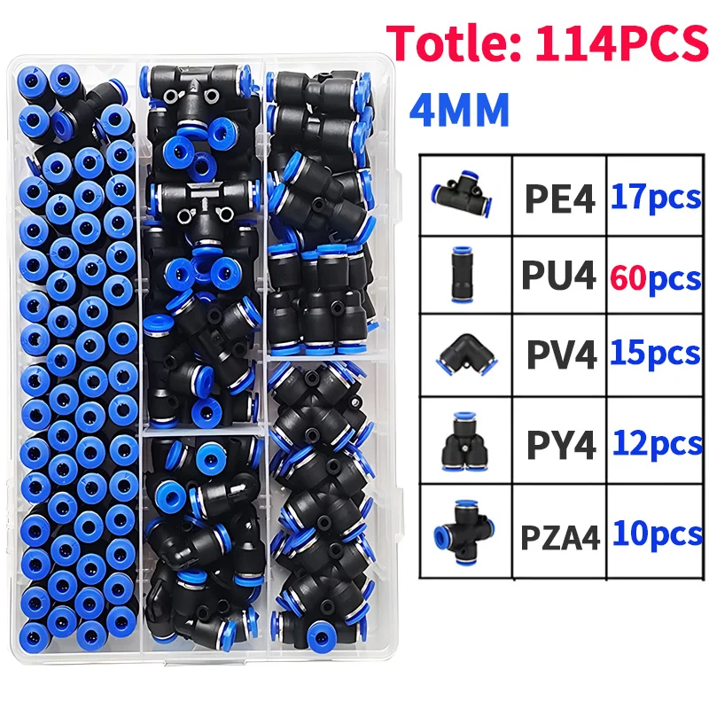 114 PCs Boxed PU-4/PE-4/PZA-4/PY-4/PV-4/PG-4 Pneumatic Fitting Kit 4mm Outer Diameter of the Hose Pipe Tube Air Connectors