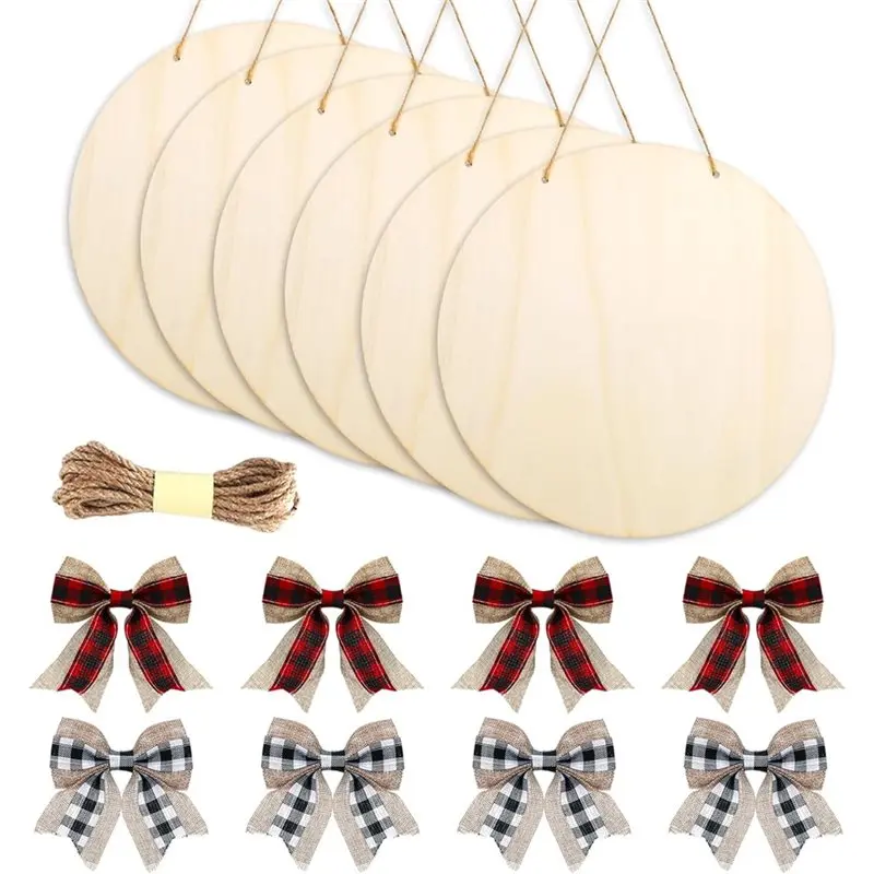 

ABYO Wood Circles For Crafts- 10 Pieces With Bows And Glue Points, Unfinished Wood Rounds Discs For Painting, Writing, Engraving