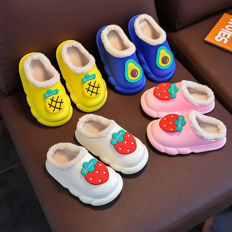 Kids Winter Cotton Slippers Waterproof Non Slip Plush Warm House Shoes Cartoon Fruit Indoor Slippers for Boys Girls