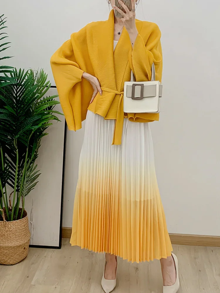 EGRM Gradient Pleated Fashion 2 Piece Set Women Belt Batwing Sleeves Tops A-line Folds Long Skirt Elegant Party New Sets 32C1389