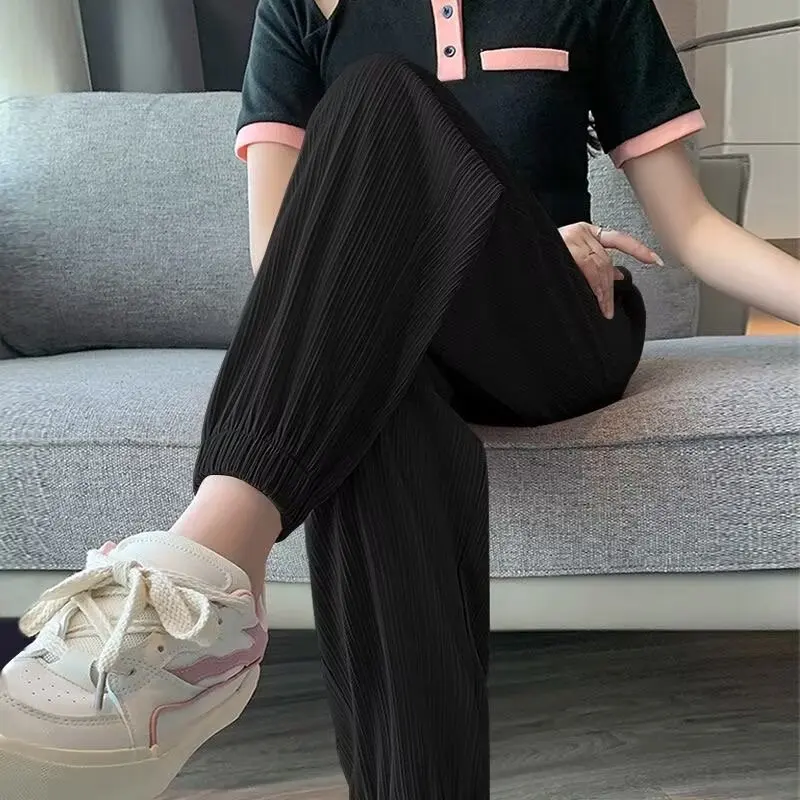 Ice Silk Cuffed Sports Pants Women's Summer Thin Loose Casual New Style Sun Protection Trousers Comfortable Breathable Polyes...