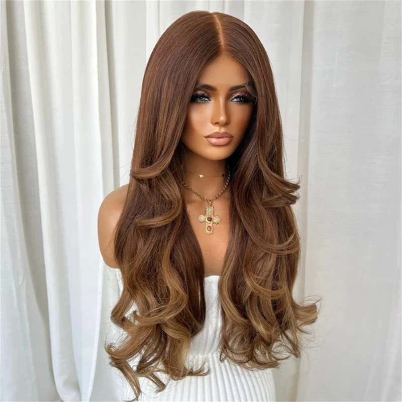 

Preplucked Hairline 13x4 Ombre Warm Brown Highlights HD Lace Front Wig Glueless Preplucked Hairline 28 Inch Natural Wave Wig