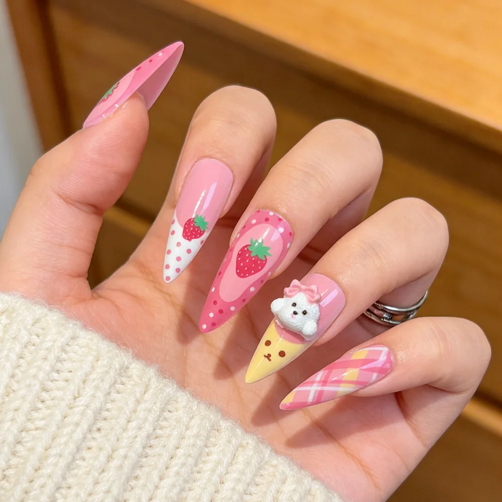 96Pcs Pink Long Stiletto Press On Nails 3D Cute Strawberry Bowknot Charms Fake Nails for Girls Y2K Style Party Daily Manicure TD view 6