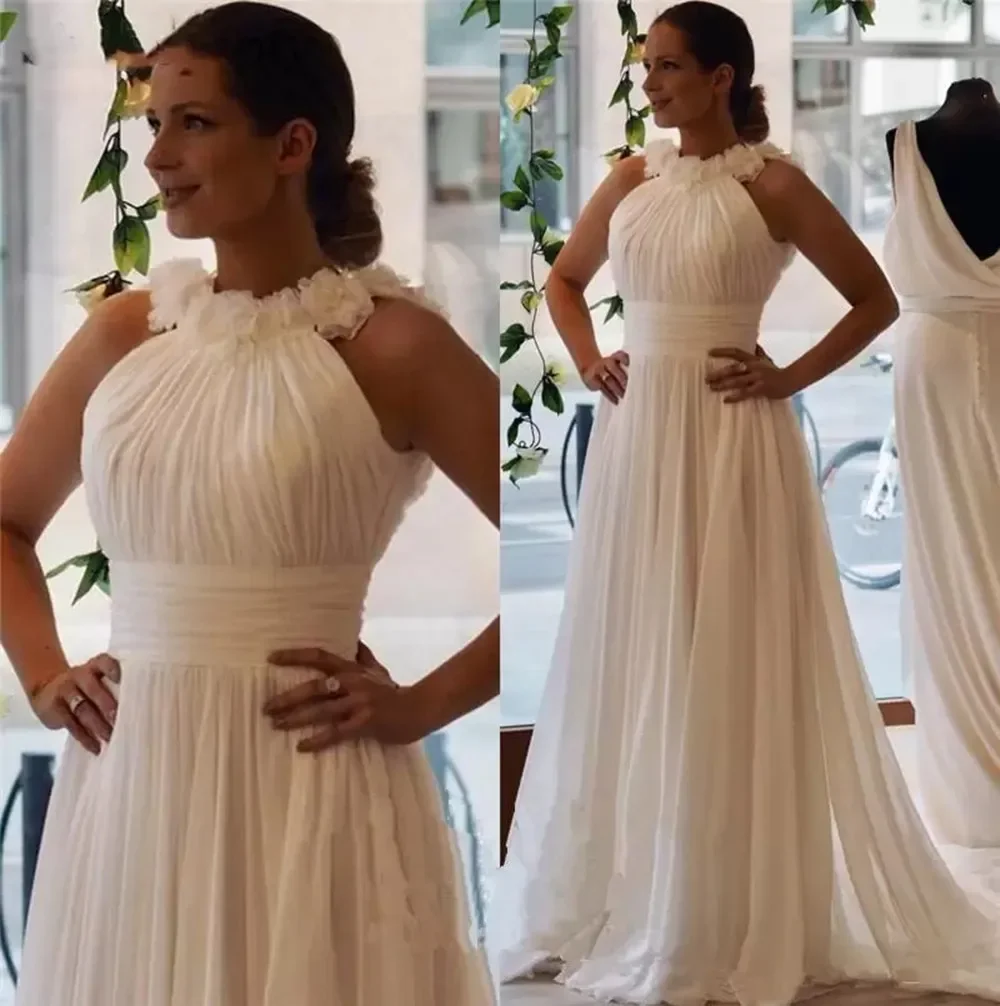 

Fashion White Chiffon Long Evening Dress Sexy High Neck Formal Women Prom Party Gown Beach Garden فساتين حفلات العودة للوطن