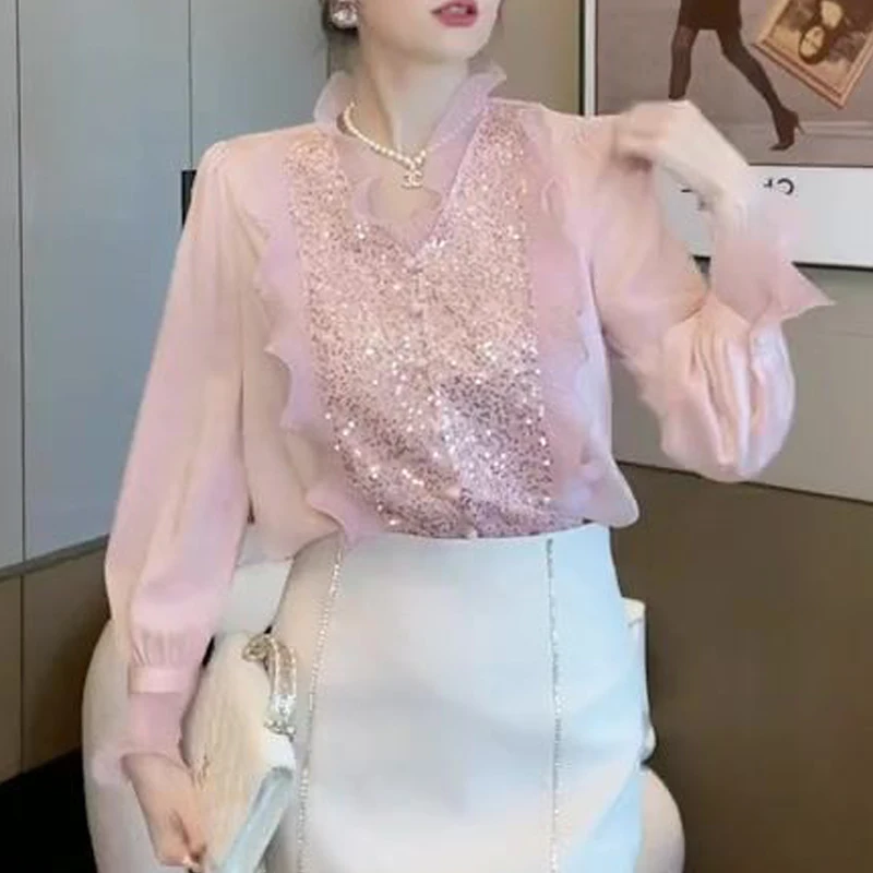 New Women Fashion Ruffles Sequins Elegant Blouses French Style V Neck Long Sleeve Loose Shirts Casual Pink Sweet Chic Fairy Tops