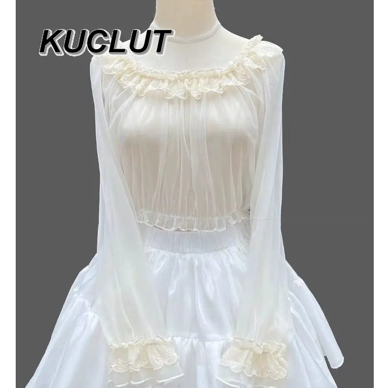 

Lolita Style Solid Color Lace Long Sleeve Tops for Women Casual Loose Sweet and Cute Womens Tops Spring Summer Bottom Shirt