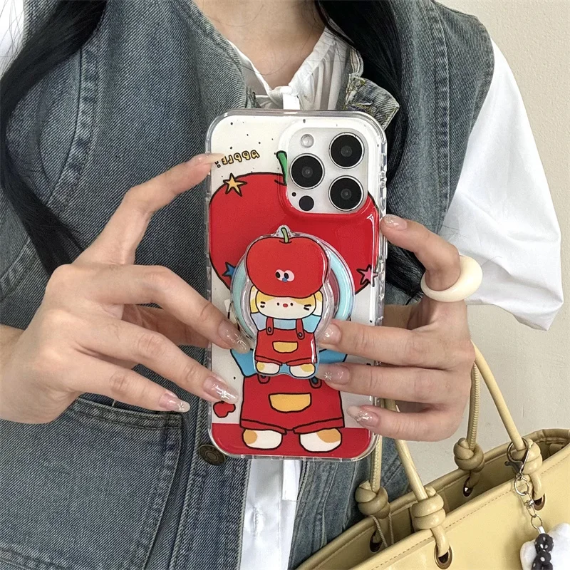 

Kawaii Cartoon Cat Magnetic Stand Holder Phone Case For iPhone 16 Pro 15 13 14 Pro Max Cover Cases For Magsafe Cute Funda 16Pro
