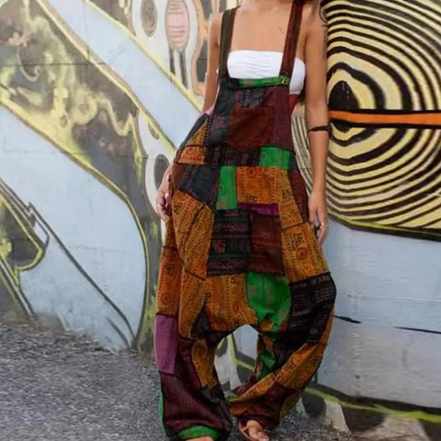 

2024, женский свободный комбинезон-шаровары в стиле хиппи с принтом, 2024, длинные брюки со средней талией в этническом стиле, трансграничная мода