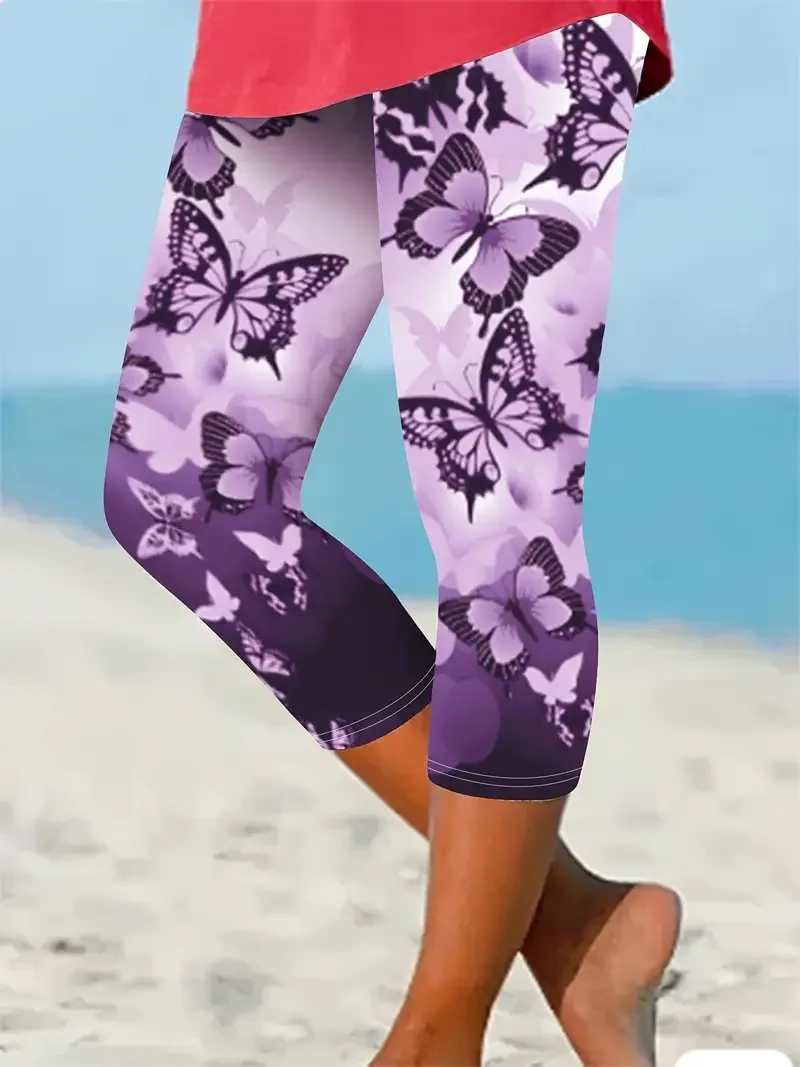 Butterfly print stretch elastic waist slim leggings capri pants can be worn by women on beach vacation