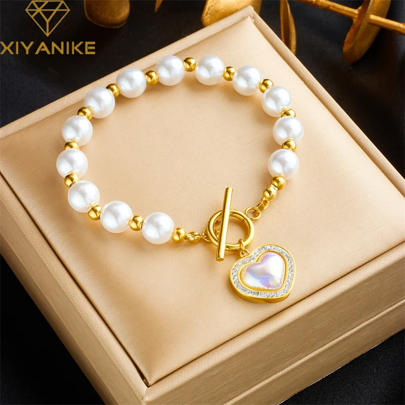 Xiyanike 316l Edelstahl goldenes Armband Herz Perlen Anhänger Zubehör für Frauen Temperament Schmuck Party Geschenk Pulsera