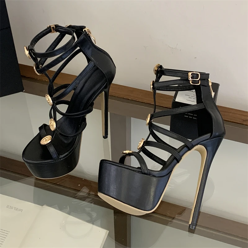 

Eilyken New Design Metal Decoration Narrow Band Buckle Strap Women Sandals Sexy Stiletto High Heels Banquet Prom Shoes