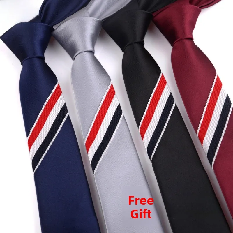 Three-Color Woven Tie Men\'s Women\'s Narrow Stripe 6cm Fashionable Necktie in Gift Box Polyester Silk Pure Color Korean Style