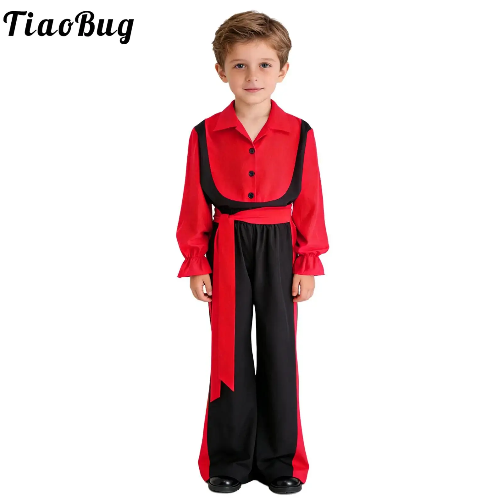 

Kids Boys Jazz Cha-cha Ballroom Flamenco Dance Costume Outfit Long Sleeve Pullover Shirt with Belt And Pants Tap Samba Latin Set