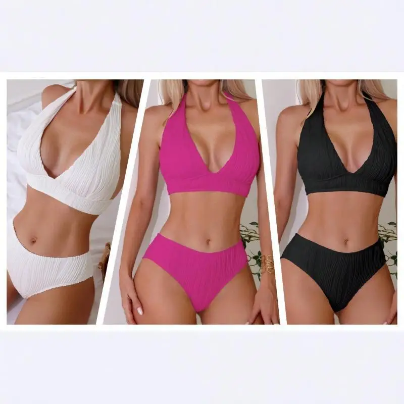 

Summer Beach Vacation Swimsuit For Slimming And Slimming Solid Color Split Bikini Top V-neck Sexy Backless Swimsuit