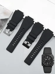 For Bell Ross BR01 BR03 Black Square Watch Aviation Series Convex Interface Waterproof Breathable Silicone Watch Strap 24mm