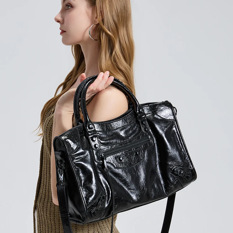 Women's Genuine Leather Tote Bag Waxed Cowhide Large Capacity City Motorcycle bag,Luxury Trendy Versatile All-match Commuting Ba