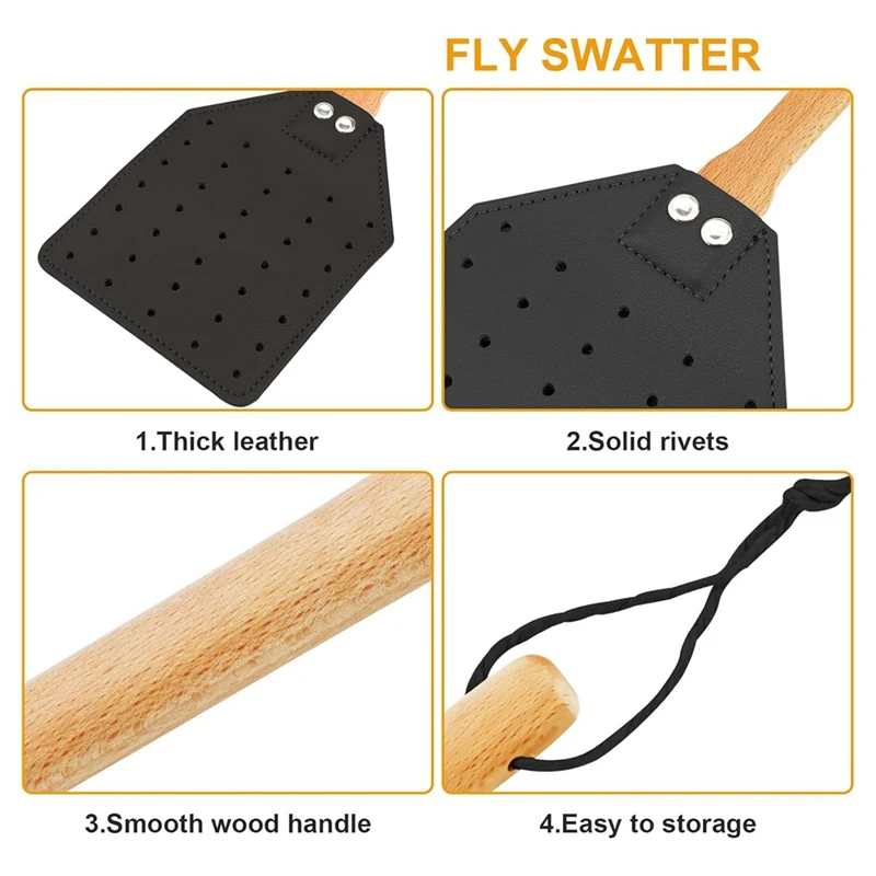 Leather Fly Swatter For Indoors/Outdoors,Duty Flyswatter With Walnut Wood Handle 19.7Inch Long Fly Swatted Manual 2 Pack