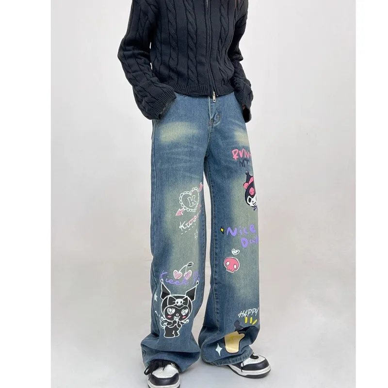 Miniso Sanrio Kuromi Printed Retro Wide Leg Jeans High Waist Button Sreetwear Denim Trousers Straight Harajuku Pants For Women