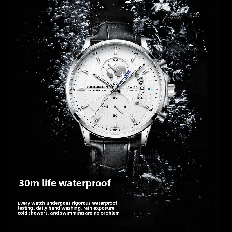 Stainless Steel Business Three-Eye Chronograph Date Dual Display 30M Waterproof Luminous Quartz Watch for Men
