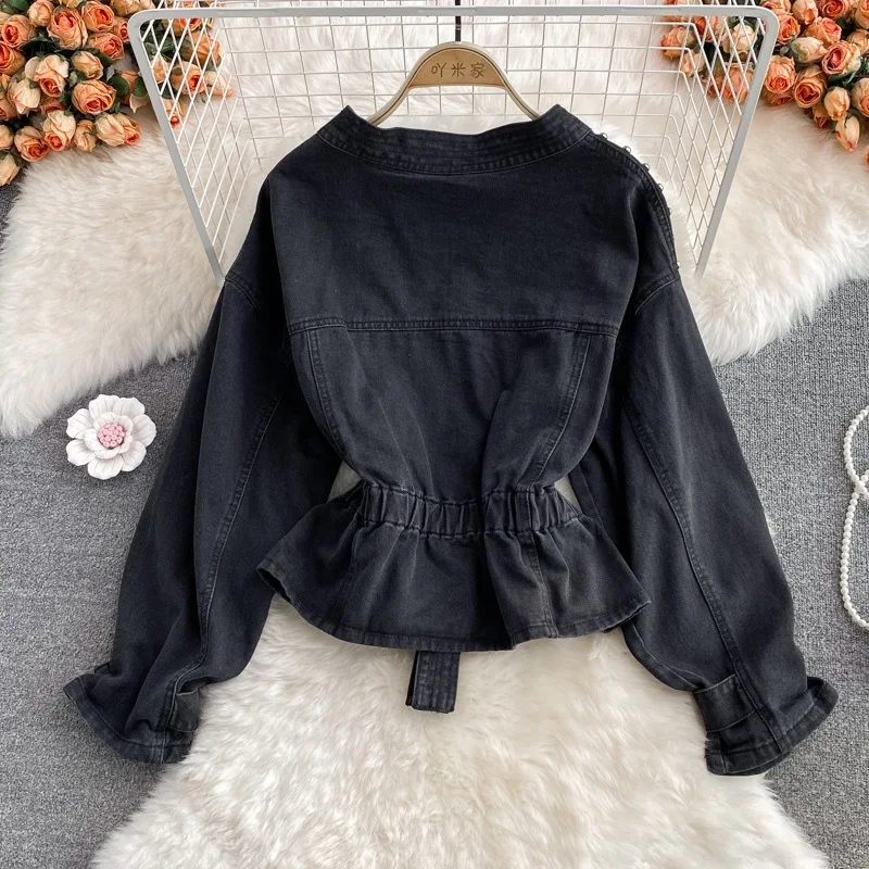 Cross-border Autumn Winter New Korean Version V-neck Beaded Denim Jacket Short Women's Loose Hong Kong Style Student  Casual Top
