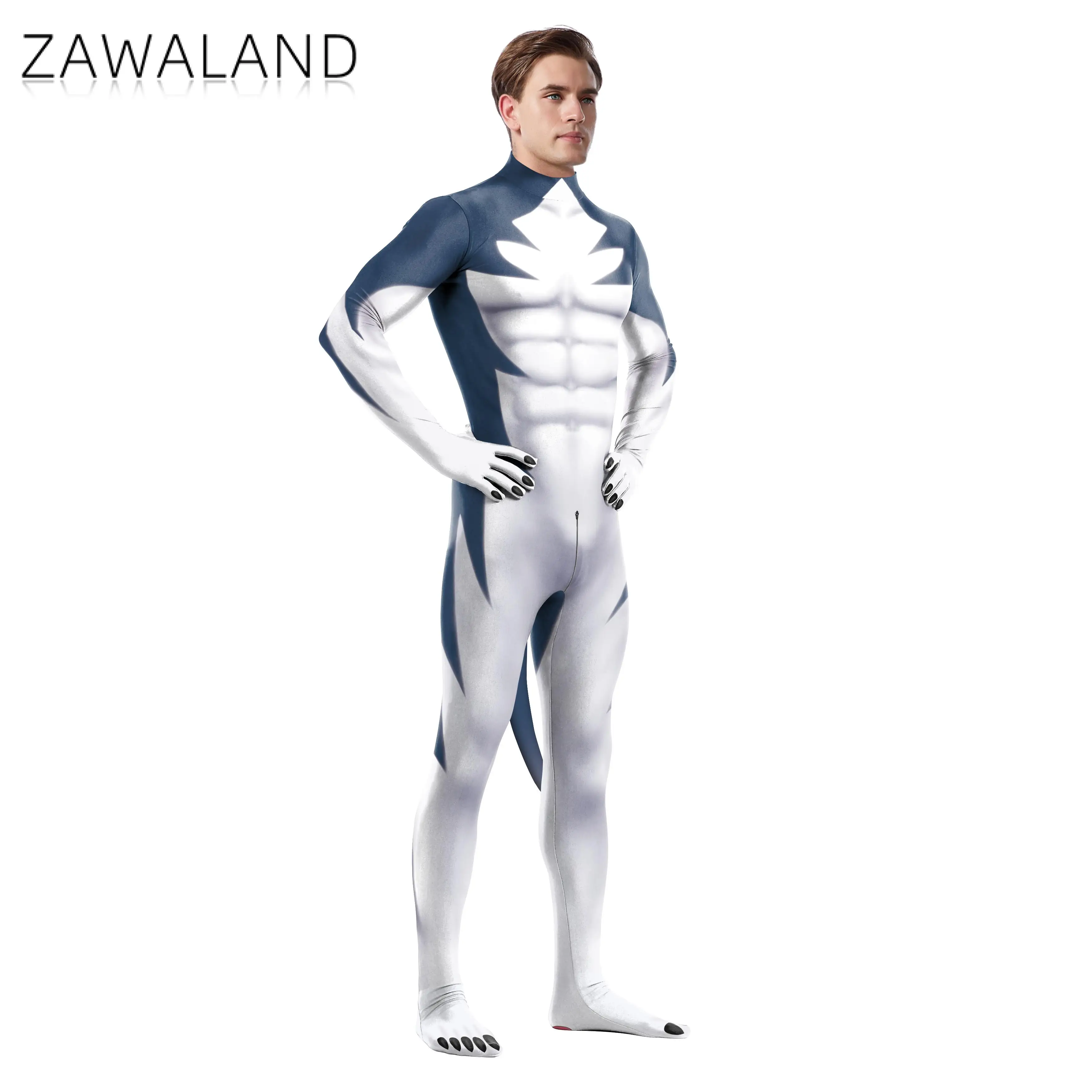 Zawaland Halloween Blue Husky Petsuit Cosplay Costume with Dog Tail Animal 3D Printing Jumpsuit Bodysuits Parenting Party Outfit