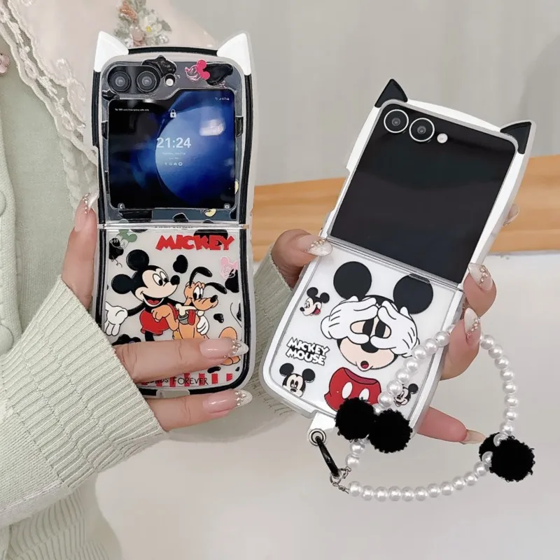 Capa de Telefone Disney com Orelhas de Gato 3D do Mickey Mouse para Samsung Galaxy Z Flip 3 4 5 6 7 7FE, Capa Kawaii com Cordão de Pérolas