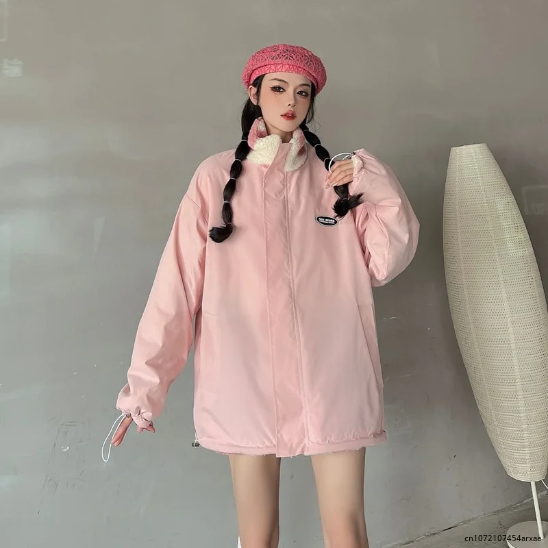 2023 Wear On Both Sides Thicked Lamb Wool Coats Autumn Winter Korean Loose Heart Print Jackets Harajuku Simple New Parkas Tops