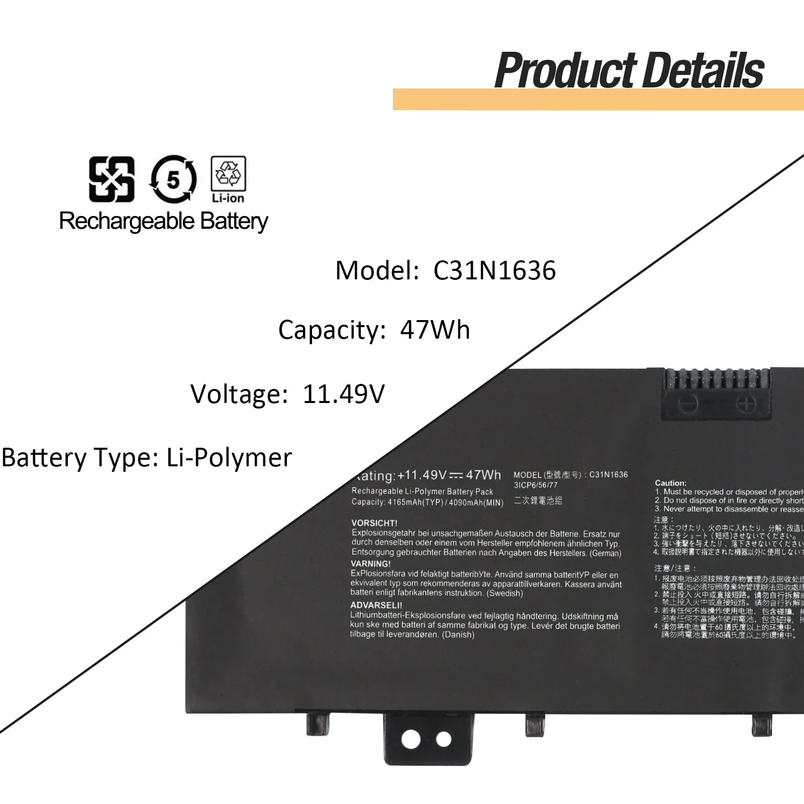 C31N1636 Laptop Battery for ASUS VivoBook Pro 15 N580VD N580GD N580VN X580GD X580VD X580VN NX580VD M580GD ZenBook Pro 15 UX502VD