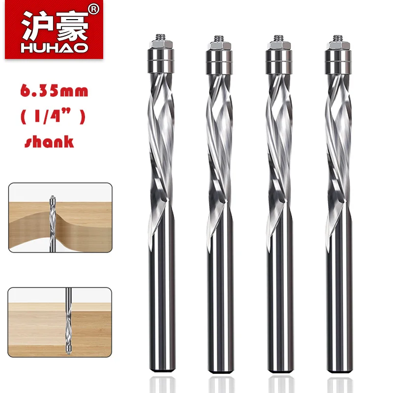 HUHAO Flush Trim Spiral Router Bit 1/4 Inch Shank Carbide Bearing Guided Two Flute Trim Woodworking Milling Cutters End Mill