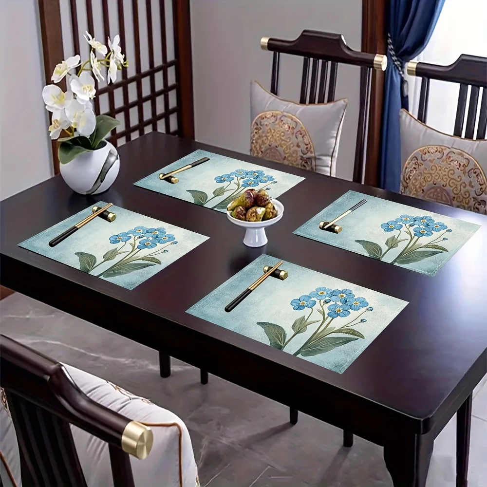 4/6/8pcs, Forget Me Not Flower Delicate Floral Vintage Botanical placemats, fashion print pattern table mat, (table mats)
