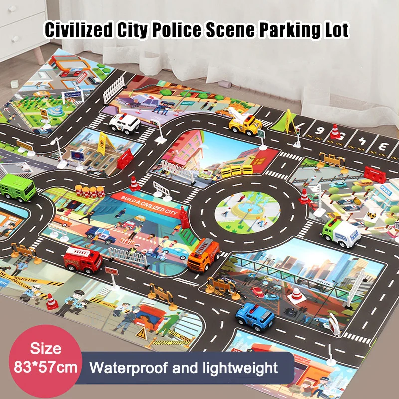 

Baby Climbing Playing Mat City Police Scene Parking Lot Map English Small Road Sign Children Toys Set Early Education Game Mats