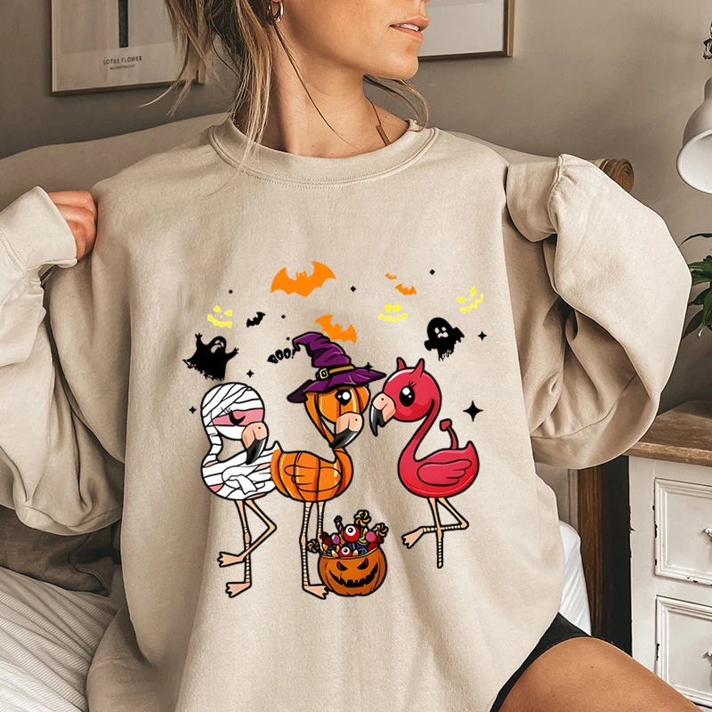 Plus Size Halloween Flamingo Print Sweatshirt Casual Crew Neck Long Sleeve Sweatshirt For Fall & Winter Women's Clothing