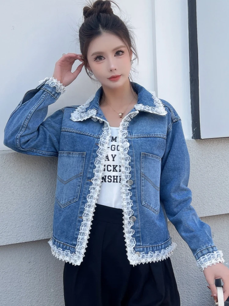 

2025 Spring Season ort Length Denim Jaet Women's Sle Commute Faion Patchwork Casual Top Lace Trim High-End Feeling