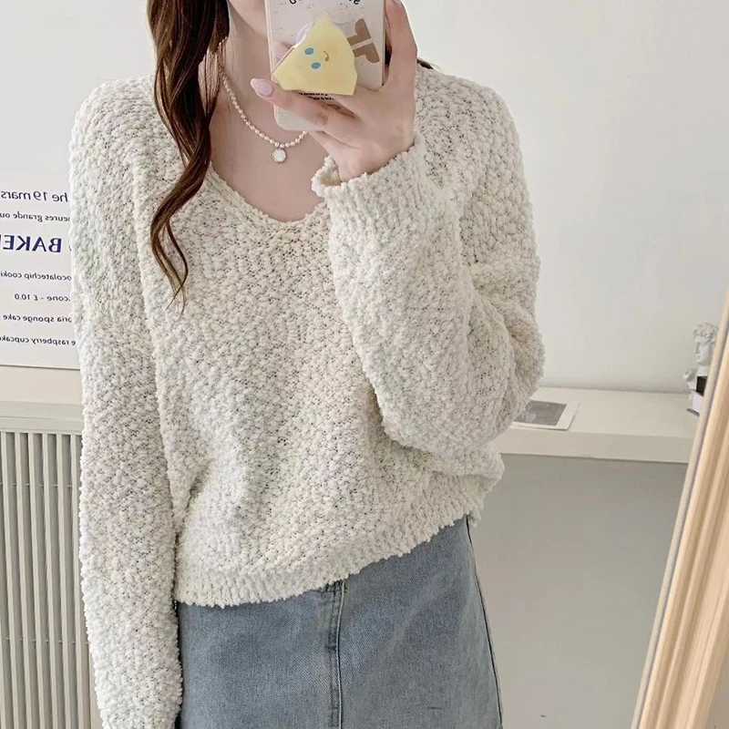 Lazy Style Loose V-Neck Plush Pullovers Women Autumn Winter Y2K Solid Color Cropped Sweater Korean Retro Soft Knitting Jumpers