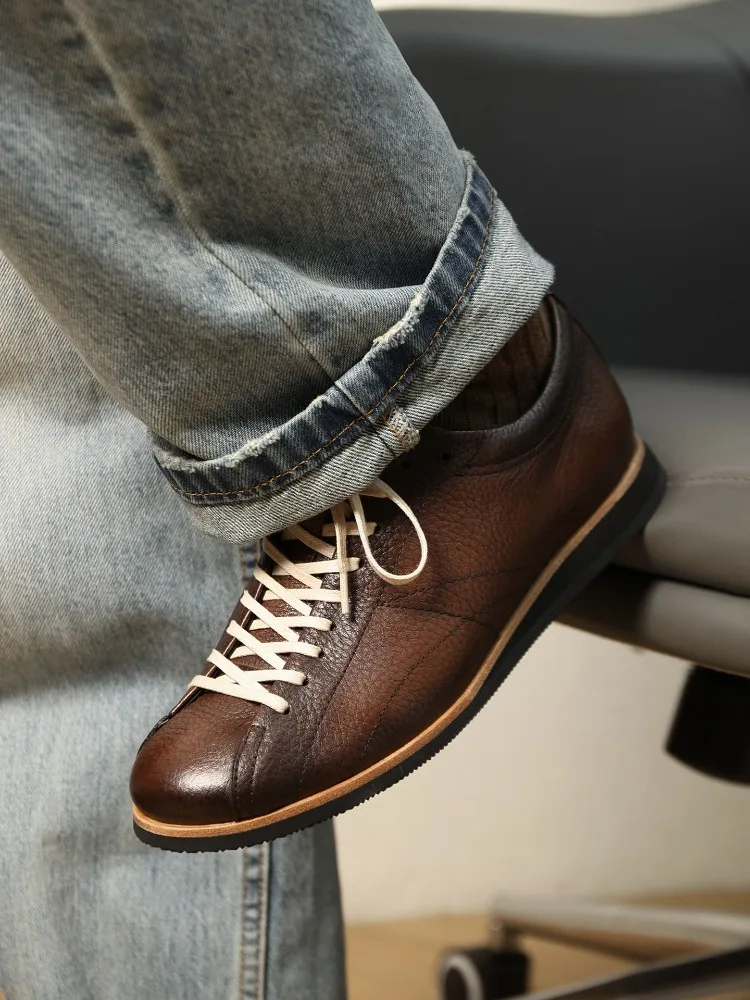Vintage Men Pebble Leather Casual Shoes Lace Up Soft Sole Business Daily Walking Sneakers Genuine Leather Comfort Skate Shoes