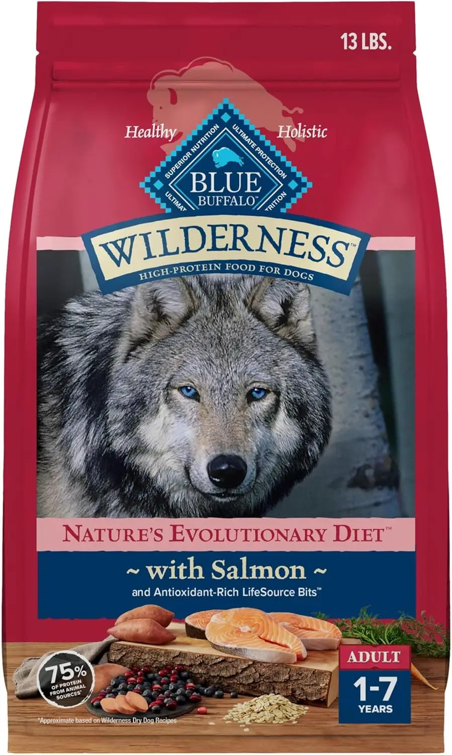 

Натуральный высокобелковый сухой корм Buffalo Wilderness для взрослых собак, рецепт с лососем, 13 фунтов. Сумка