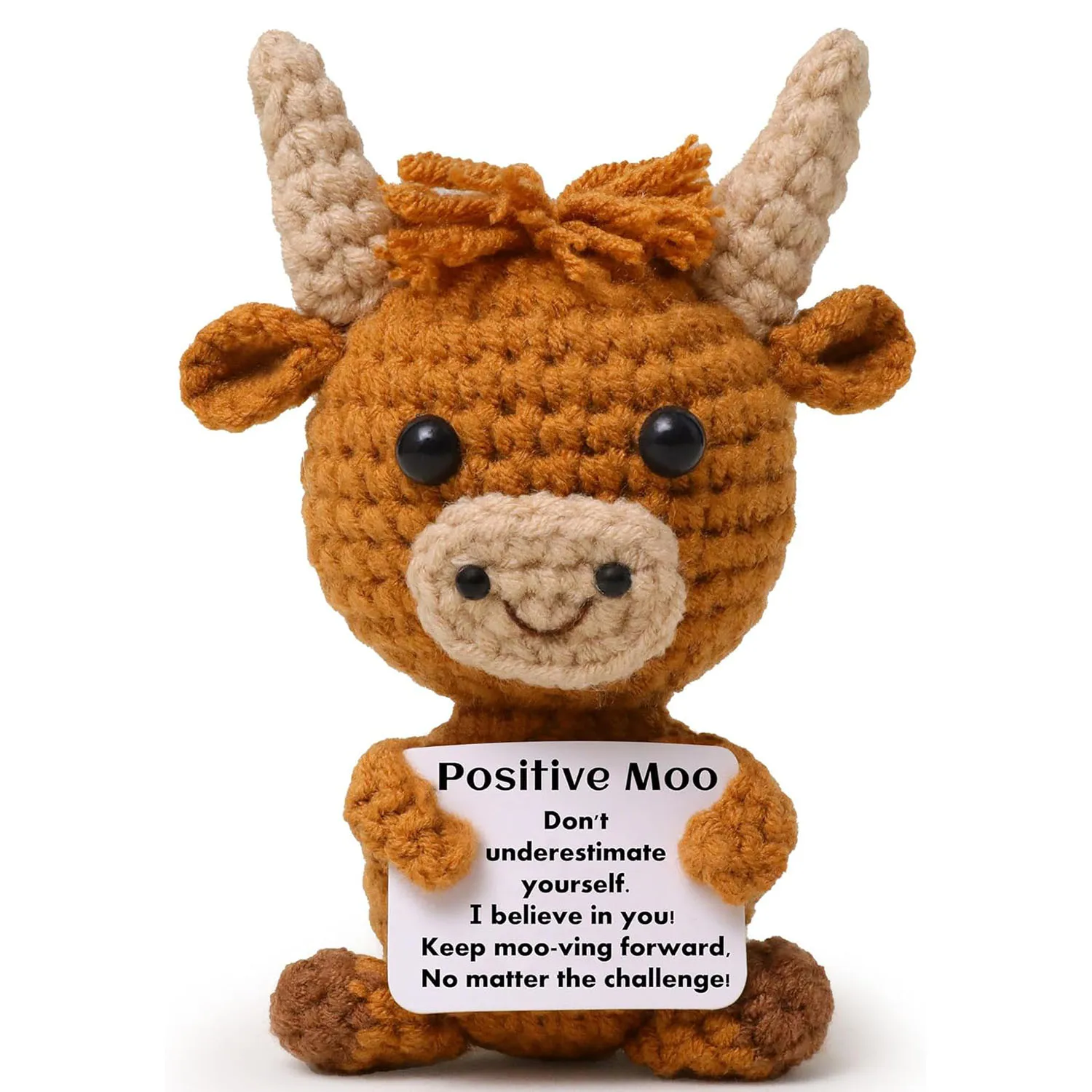 Divertida muñeca positiva de vaca de las tierras altas con tarjeta positiva, decoración navideña para el hogar, muñeca de vaca de ganchillo, soporte emocional, regalos de animación