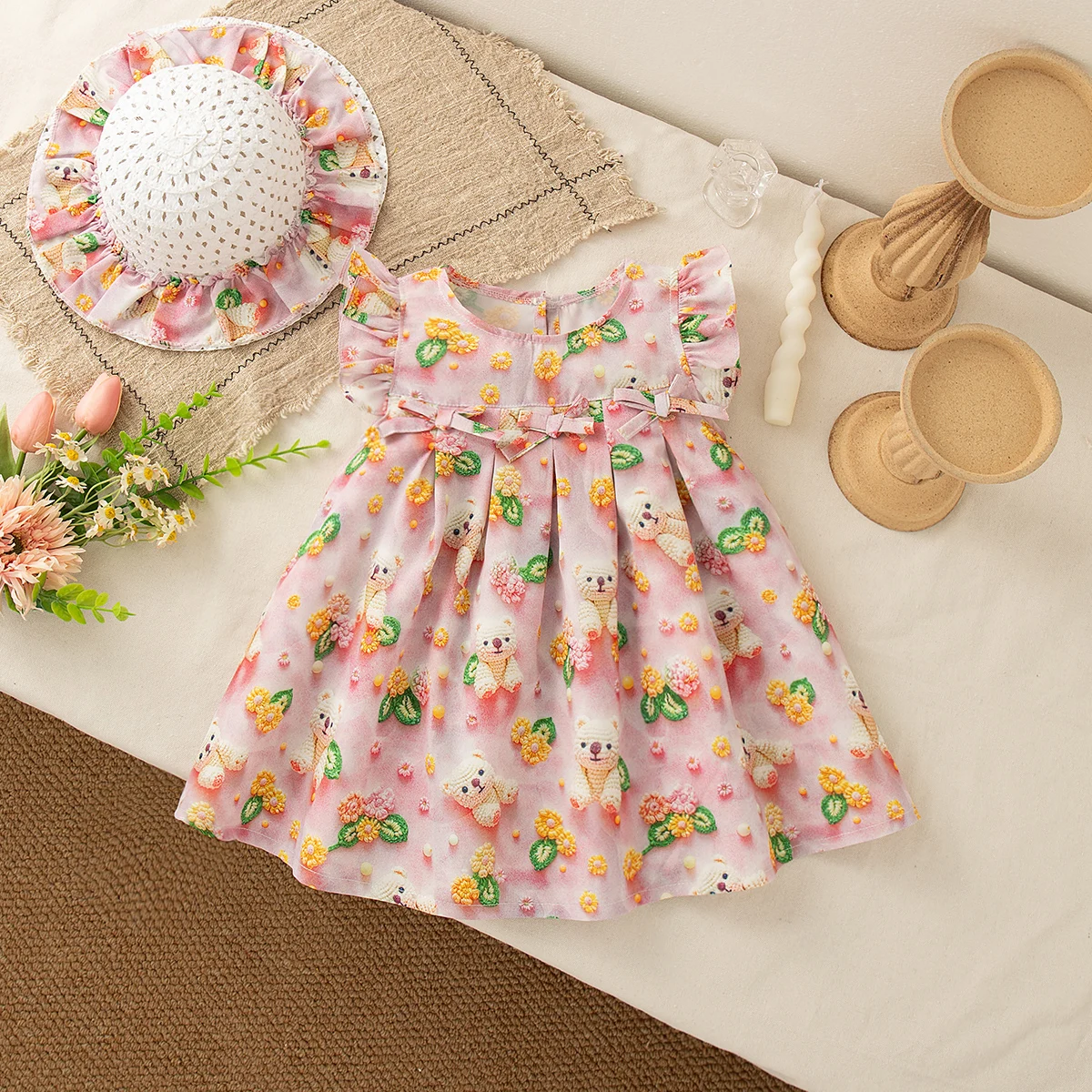 Sommer Neues Baby Mädchen Kleid, Landschaft Stil Blumen Fliegen Ärmel Kinder Kleidung Mit Gratis Hut (1-4 Jahre alt)