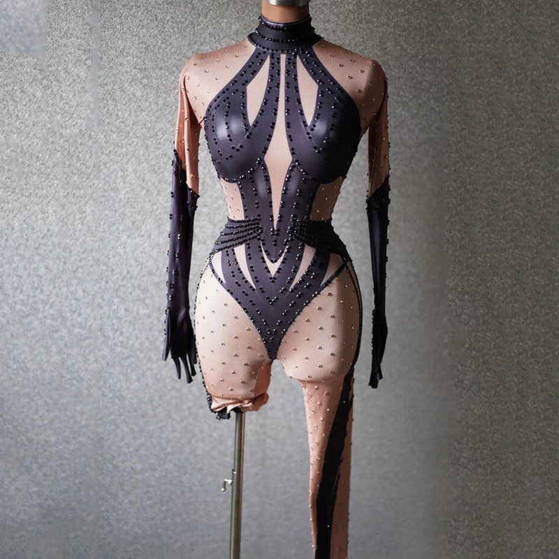 Drag Queen Outfit Sexy Gogo Dancer Costume Women Fake Nude Full Rhinestones Jumpsuit Bar Nightclub Ds Dj Rave Clothes XS8473