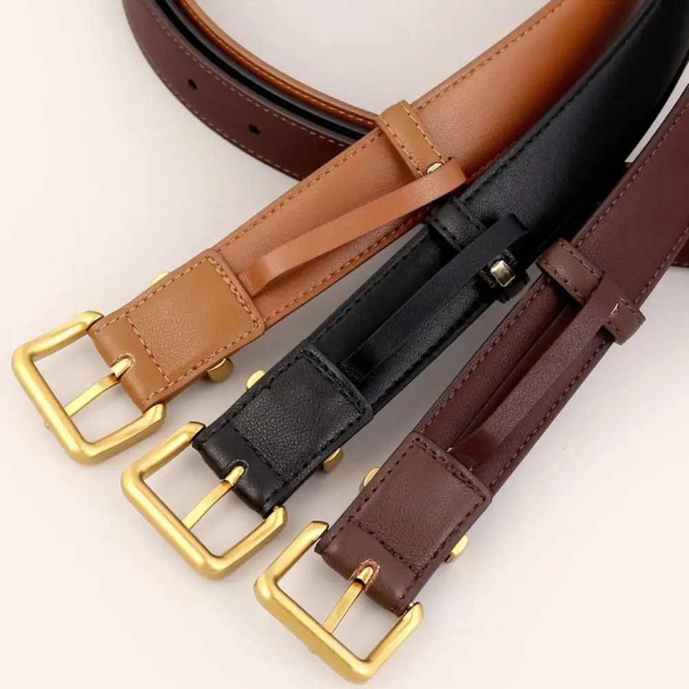 Cinto de couro de moda simples ajustável cinto fino cor sólida fivela de metal cinto decorativo estudante
