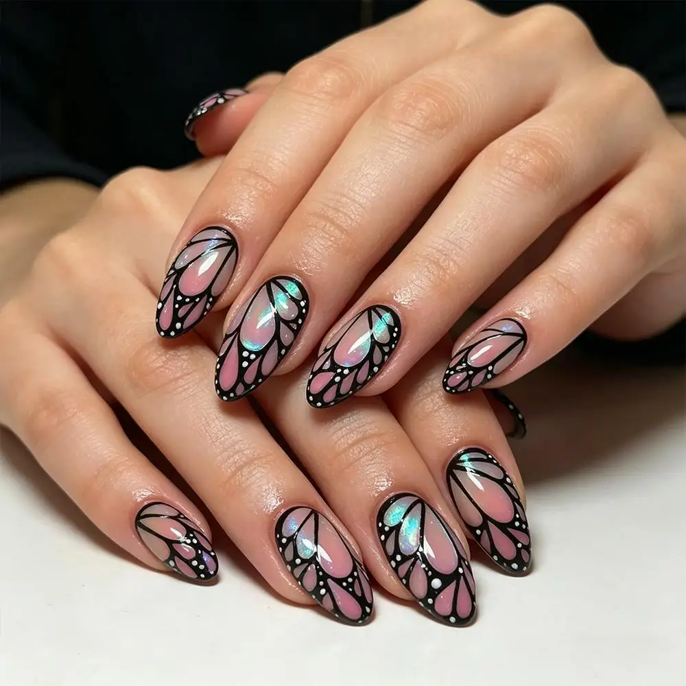 24Pcs Stunning Black Butterfly Wing Press On Nails White Spots Design Mid-length Almond Fake Nail Removable False Fingertips TD
