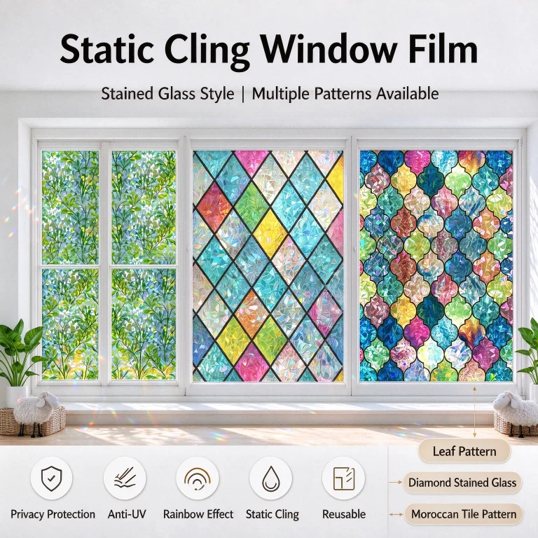 1 Roll Rainbow Mosaic Stained Glass Window Film Static Cling Non-Adhesive Privacy Sticker Anti UV Heat Insulation Home Decor