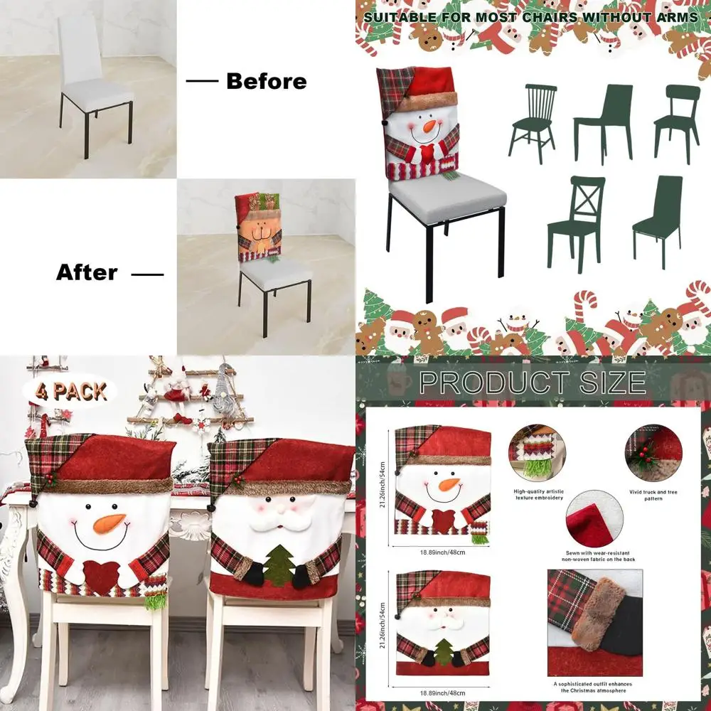 

Set of 4 Festive Christmas Chair Covers: Santa & Snowman Kitchen Dining Room Holiday Party Decor