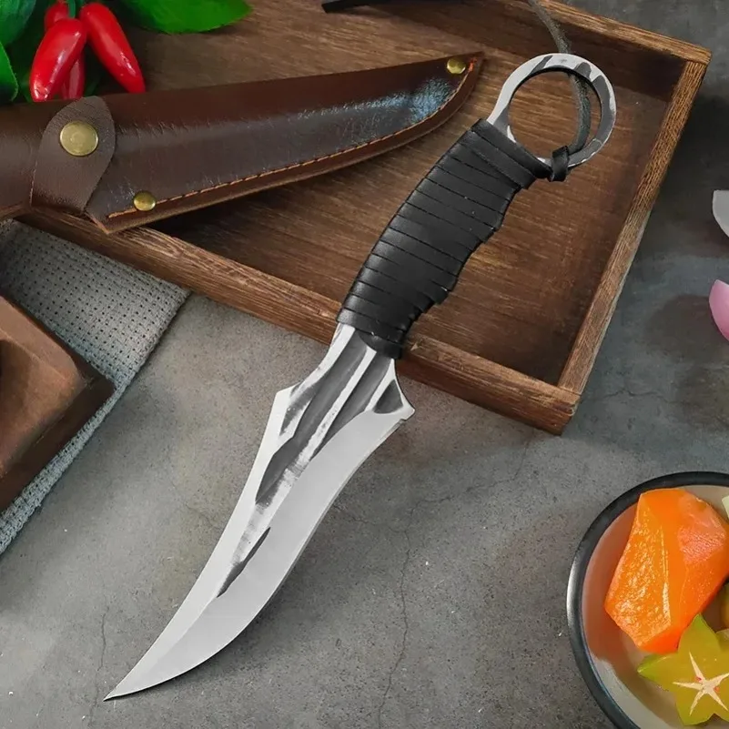 Hand Forged Chef Knife Boning Knife Meat Cleaver Stainless Steel BBQ Fruit Slicing Knife Butcher Knife Kitchen Knife with Sheath