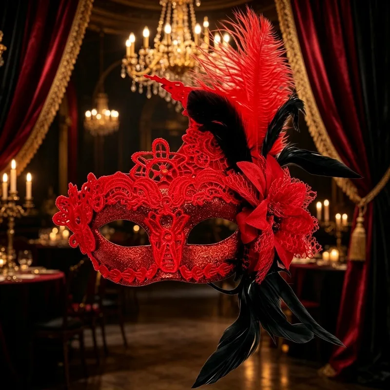 Venetian Horn Mask with Lace Overlay Feather Accents Detail for Masquerade Ball Carnival Parade and Themed Costume Party