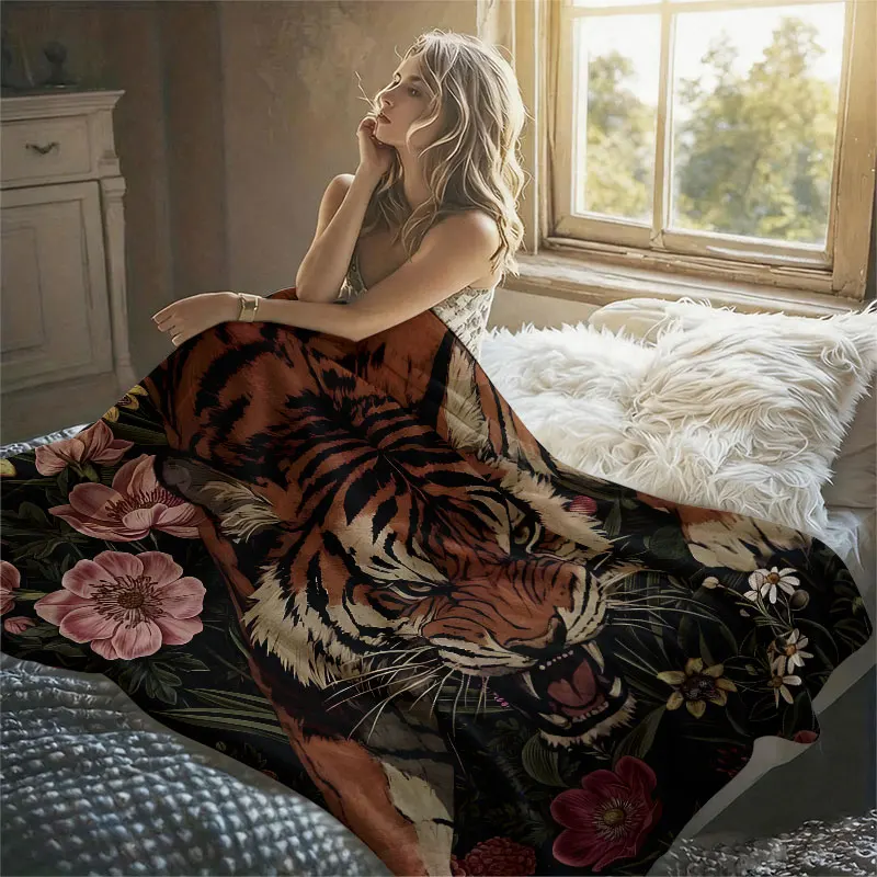Dark Jungle Tiger Flannel Blanket Perfect for Sofa Office Bed Travel Sleep Read Relax Camping Four Season Use