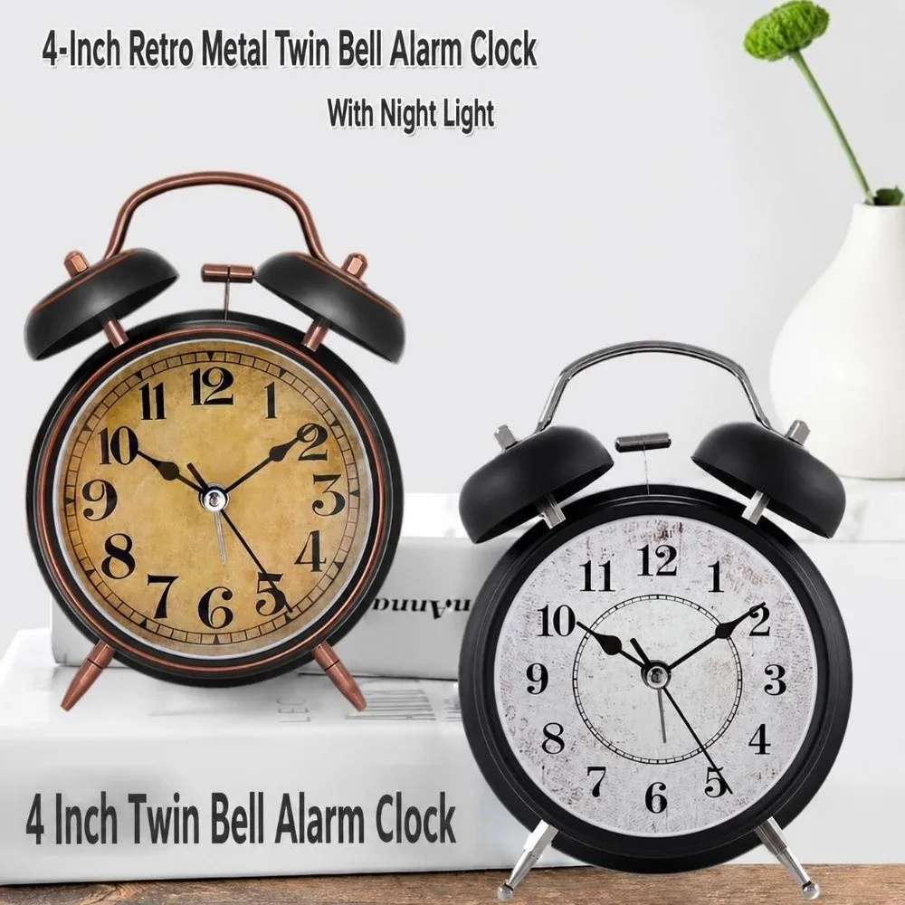 4 Inch Retro Alarm Clock Silent Movement Black&Gold Desktop Clock with Night Light Easy Operate Ringing Alarm Clock Office Desk