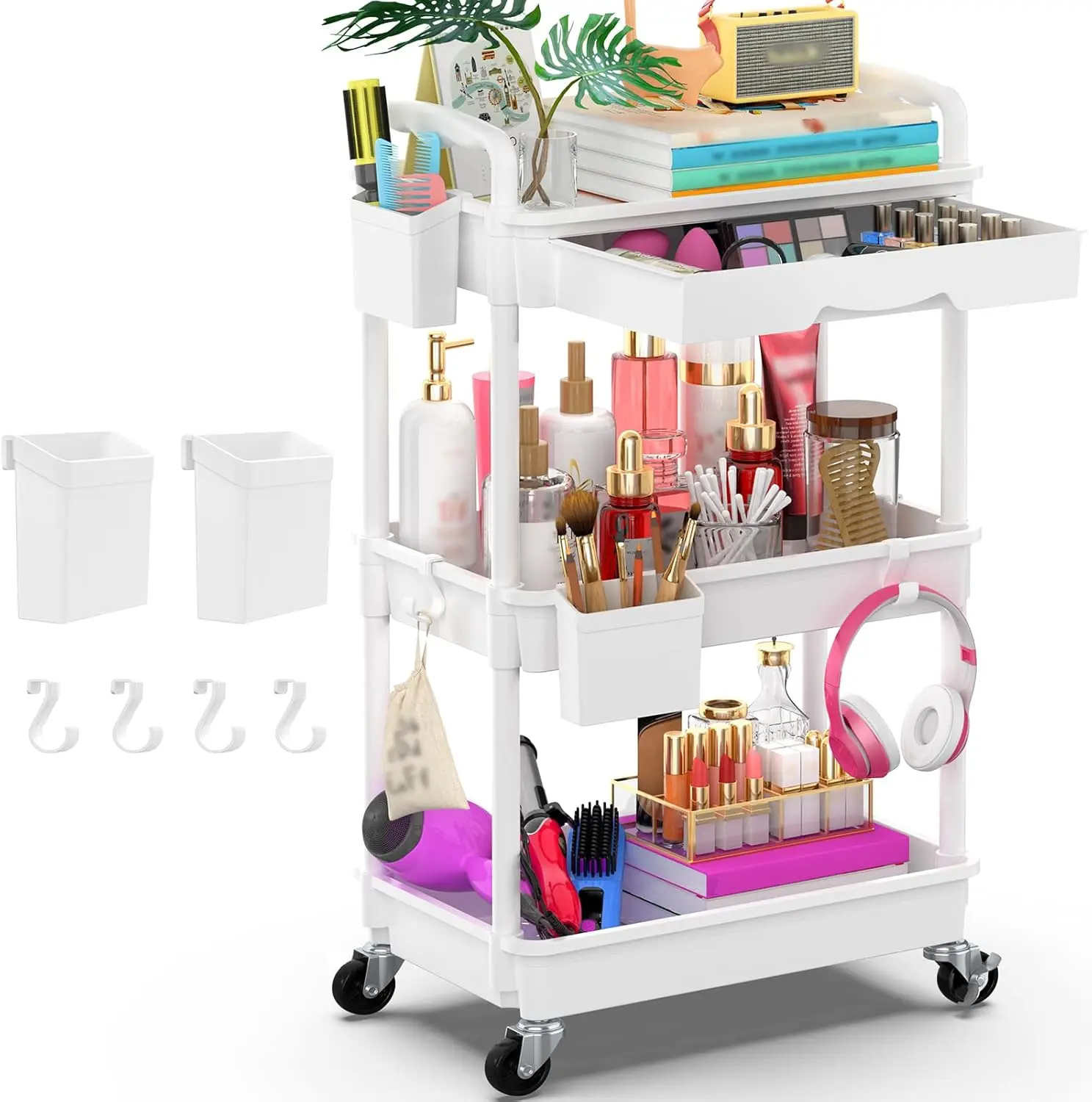 

3-Tier Rolling Utility Cart with Removable Drawer, Lockable Wheels for Kitchen, Bathroom, Craft Storage